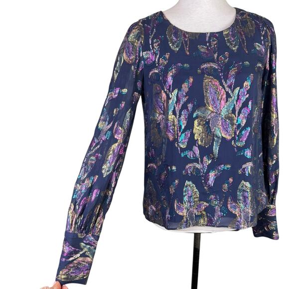 Lilly Pulitzer Lambert Navy Metallic Multicolor Sparkle Long Sleeve Silk Top - Picture 9 of 15